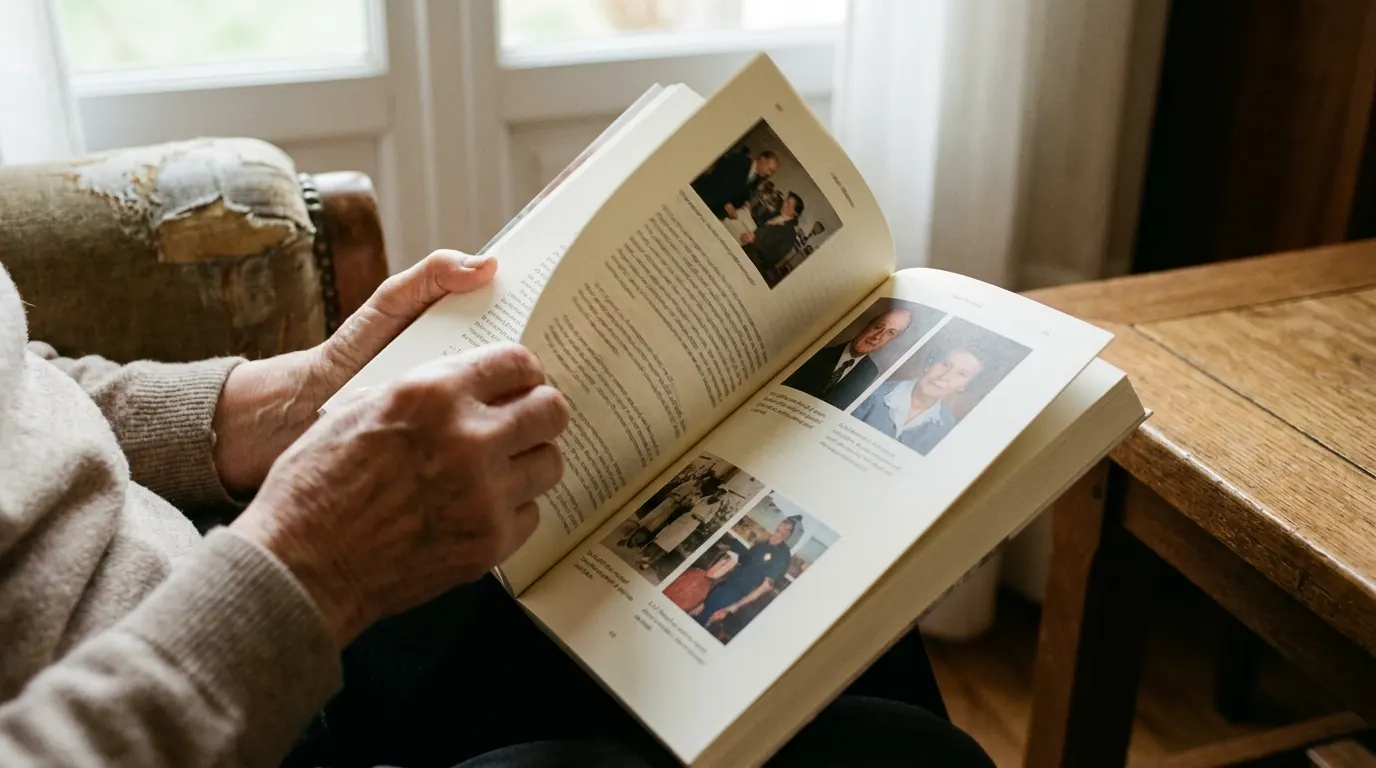 Mains feuilletant un livre de photographies et de texte, dans la lumière d'une fenêtre.