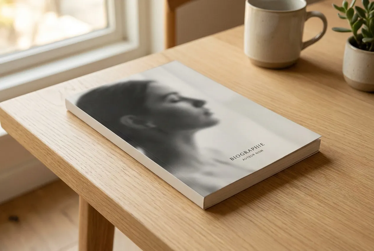 Livre fermé posé près d'une fenêtre, couverture avec un portrait en clair-obscur.