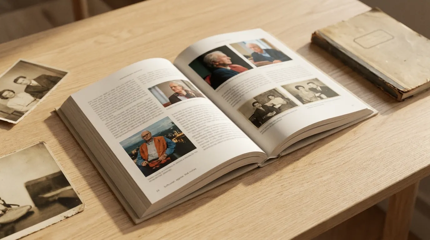 Livre ouvert sur une table de bois, pages composées de portraits et de photographies anciennes.