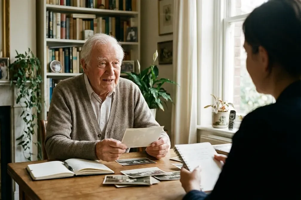 Un homme âgé montre une photographie à une personne qui prend des notes, lors d'une entrevue à domicile.