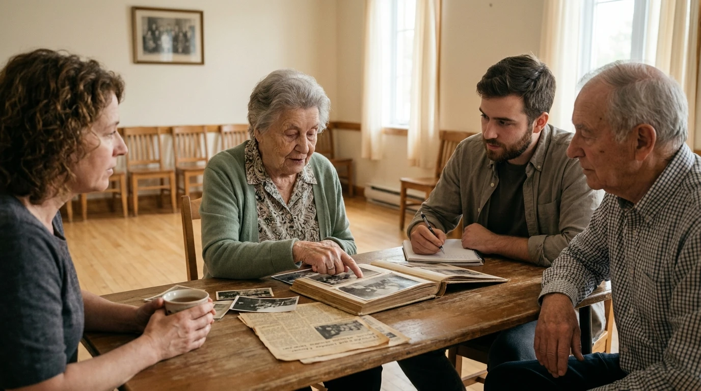 Quatre personnes de générations différentes regardent des photos d'archives et des coupures de journaux autour d'une table, dans une salle communautaire.