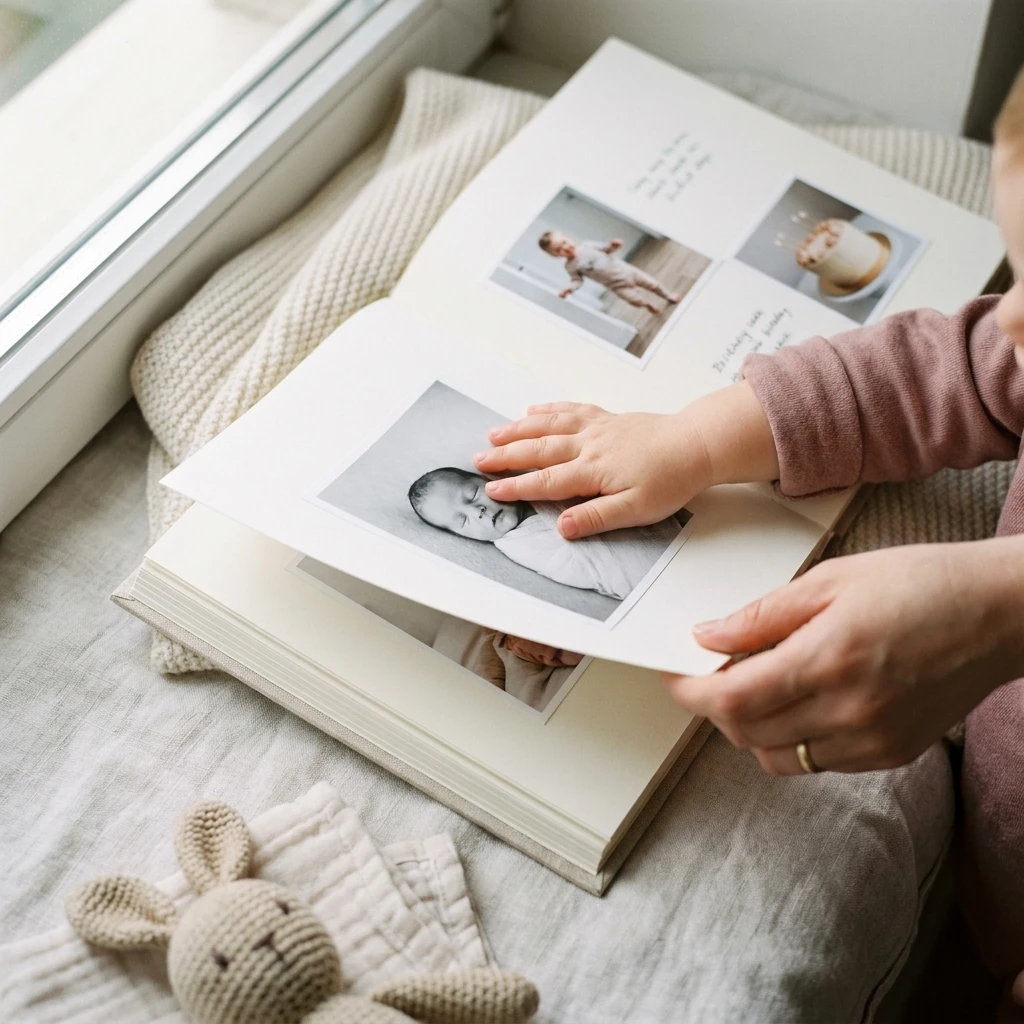 Les mains d'un tout-petit et d'un parent tournent les pages d'un album de photos de bébé, près d'une fenêtre.