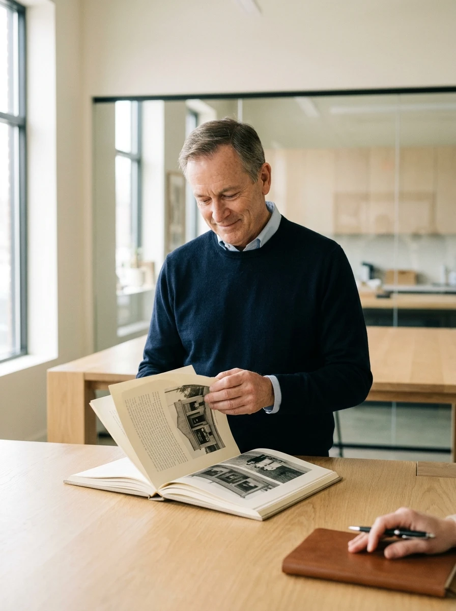 Un entrepreneur feuillette un livre illustré de photos des débuts de son entreprise, pendant qu'une personne prend des notes.